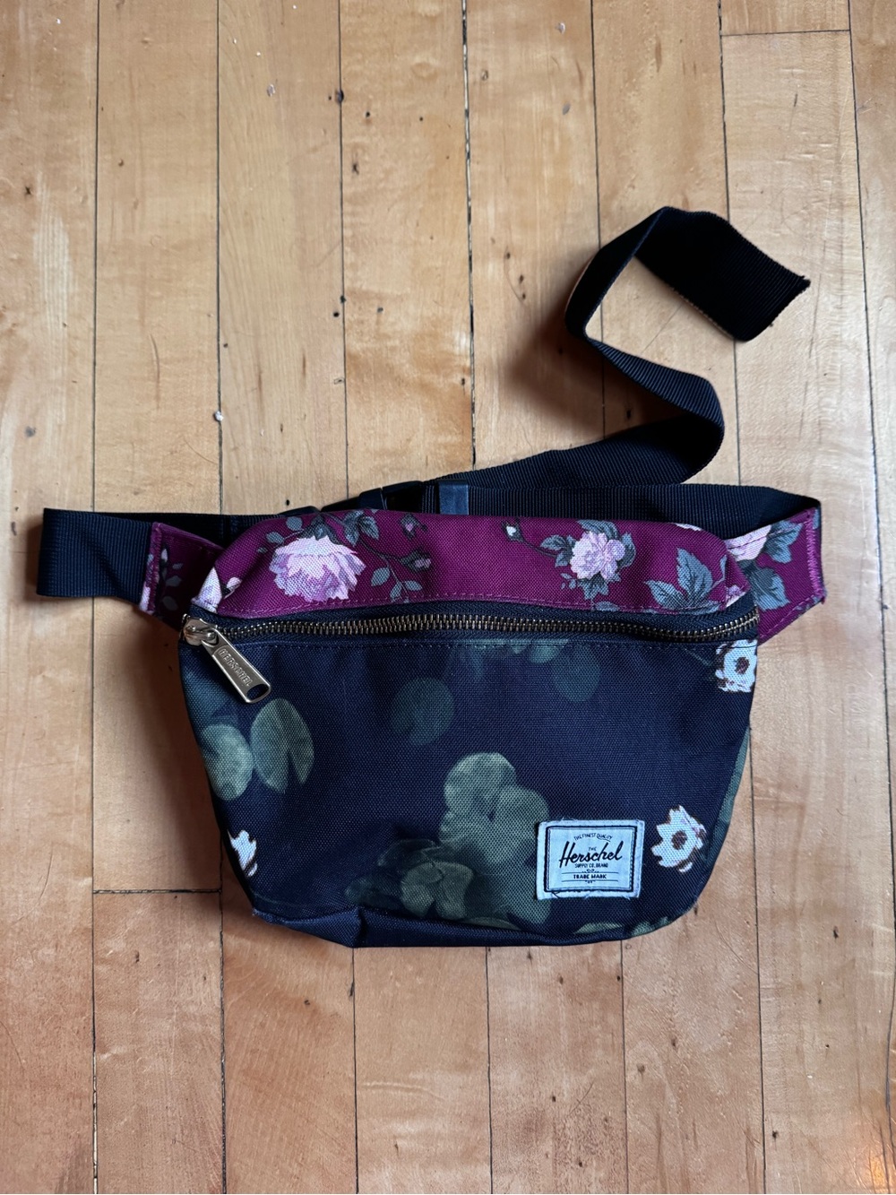 Herschel Supply Company Black Floral Belt Bag with Burgundy Accents